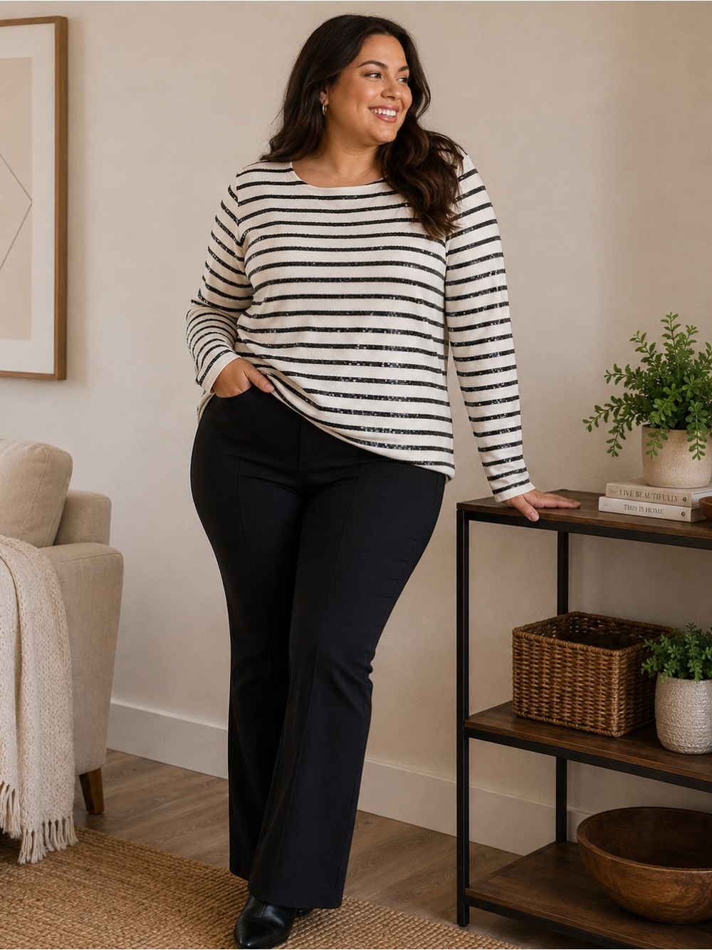 Joe Fresh Black and Ivory Striped Long-Sleeve Top
